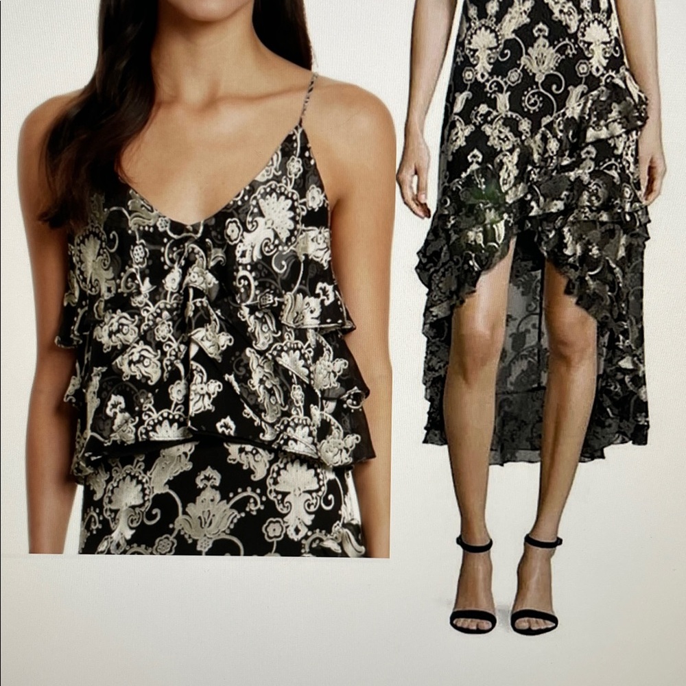 Alice + Olivia SET Black & Silver Floral Ruffle High-Low Sasha skirt Vanessa Top
